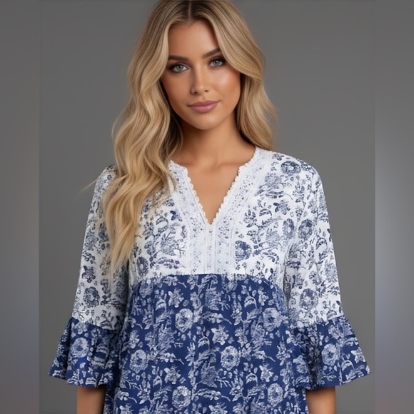 Blue Boho Floral Print Lace Dress - Picture 2 of 6